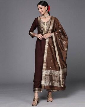 printed straight kurta with pants & dupatta