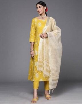 printed straight kurta with pants & dupatta