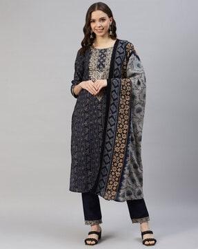 printed straight kurta with pants & dupatta