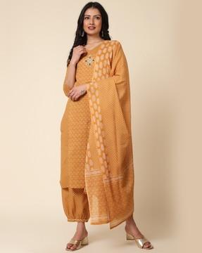 printed straight kurta with pants & dupatta