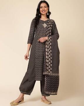 printed straight kurta with pants & dupatta