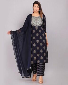 printed straight kurta with pants & dupatta