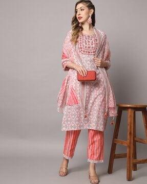 printed straight kurta with pants & dupatta