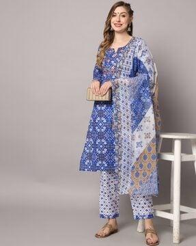 printed straight kurta with pants & dupatta