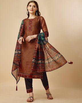 printed straight kurta with pants & dupatta