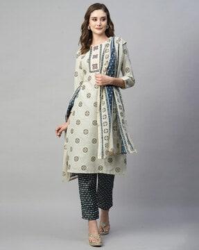 printed straight kurta with pants & dupatta