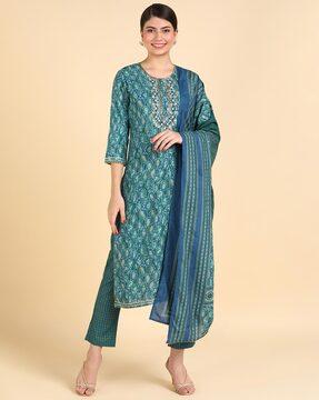 printed straight kurta with pants & dupatta