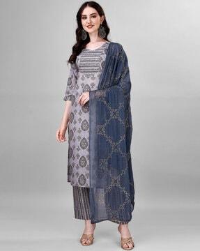 printed straight kurta with pants & dupatta