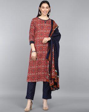 printed straight kurta with pants & dupatta