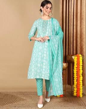 printed straight kurta with pants & dupatta