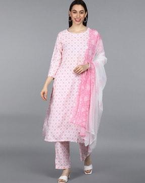 printed straight kurta with pants & dupatta