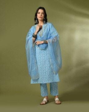 printed straight kurta with pants & dupatta