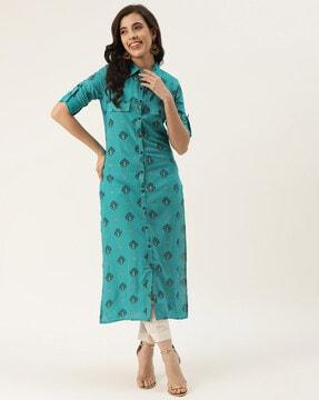 printed straight kurta with roll-up sleeves