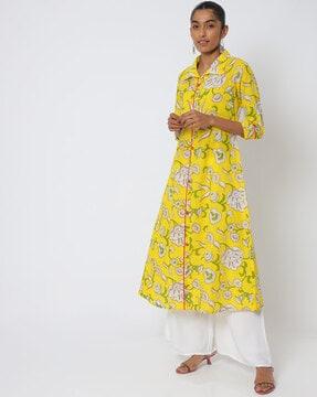 printed straight kurta with spread collar