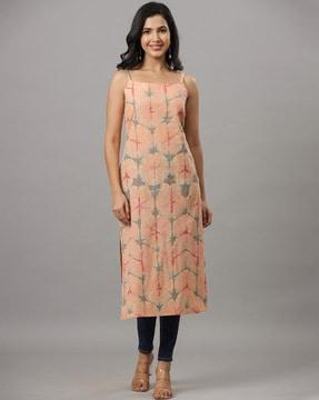 printed straight kurta with strap sleeves