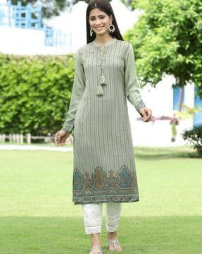 printed straight kurta with tassel tie-up