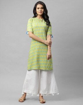 printed straight kurta with tassels