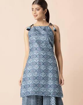 printed straight kurta with tie-up sleeves