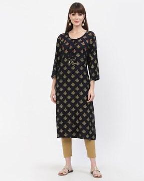 printed straight kurta with waist tie-up