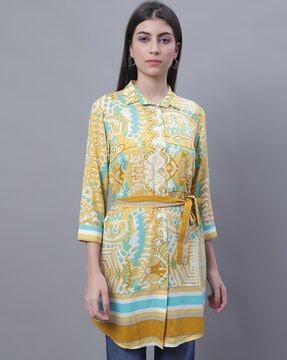 printed straight tunic with button-down detail