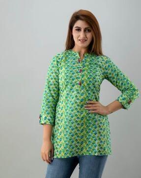 printed straight tunic with collar-neck