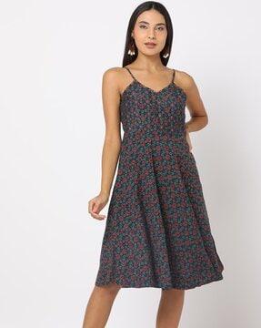 printed strappy fit & flare dress