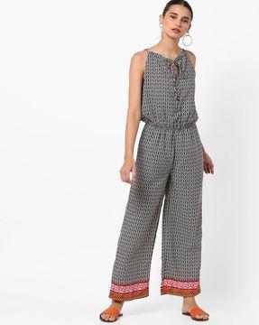 printed strappy jumpsuit with contrast hem