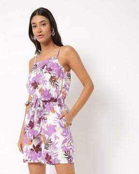 printed strappy playsuit with waist tie-up