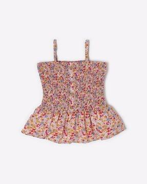 printed strappy smocked square-neck top