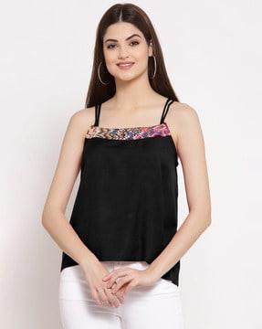 printed strappy top with asymmetric hem