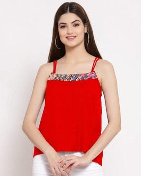 printed strappy top with asymmetric hem