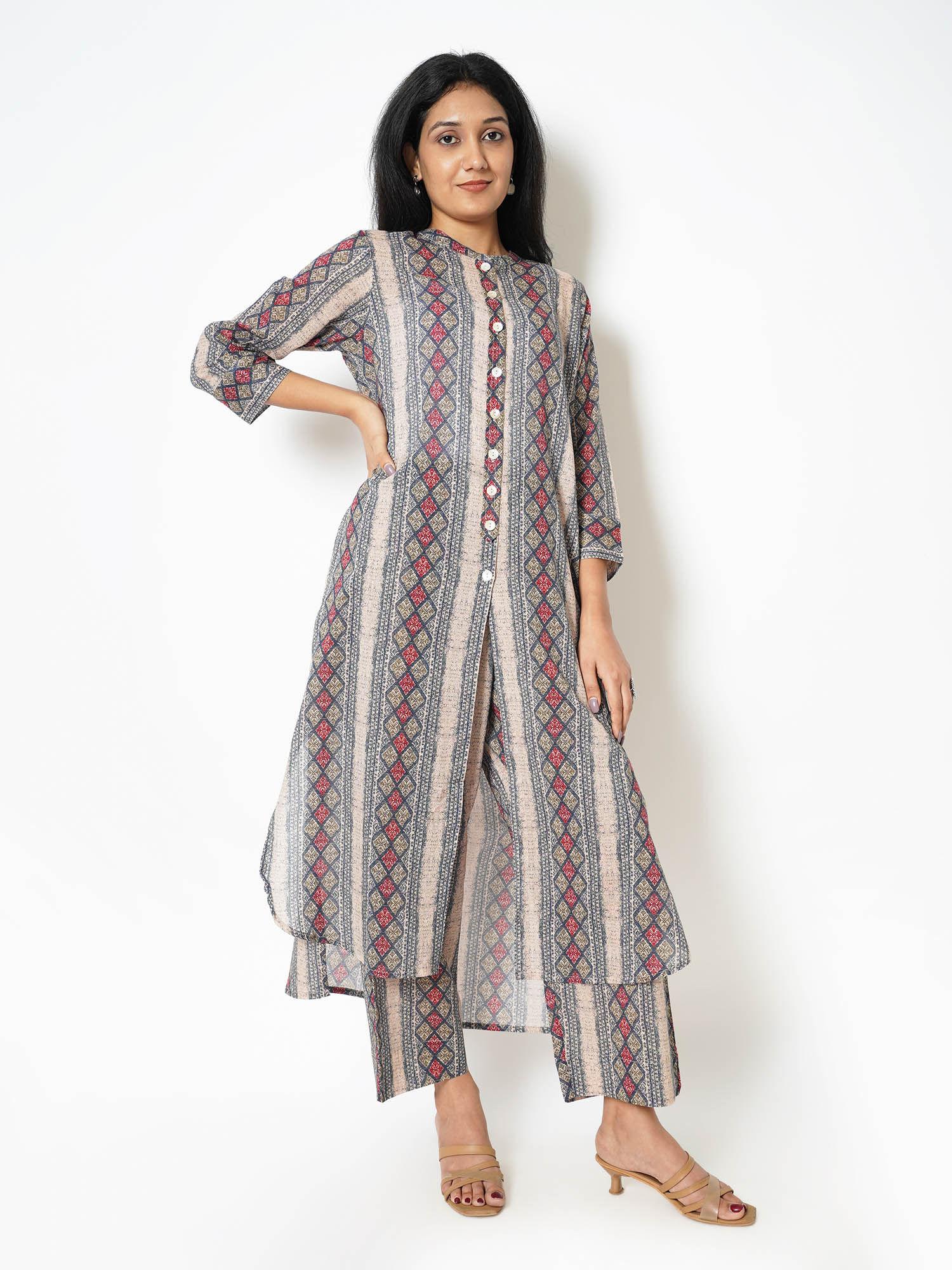 printed stripes cotton kurta (set of 2)