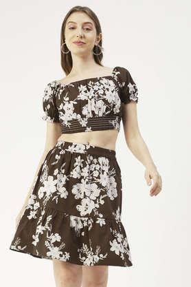 printed summer 2 pcs set for women off-shoulder crop top - mini skirt coord set - brown