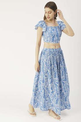 printed summer coord set for womens viscose rayon 2 pcs set crop top and skirt set - blue