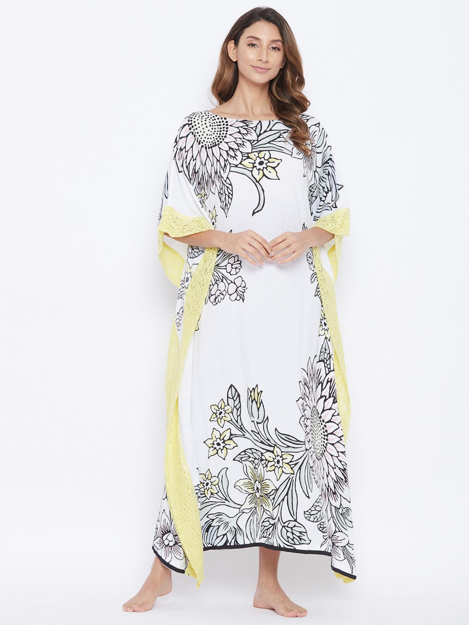 printed sunflowers and lilies resortwear kaftan - white