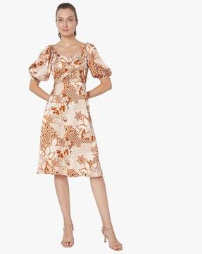 printed sweetheart-neck a-line dress