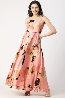 printed sweetheart neck crepe women's full length dress - coral