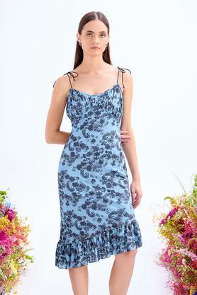 printed sweetheart neck polyester women's dress - blue