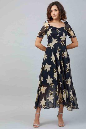 printed sweetheart neck polyester women's fit and flare dress - navy