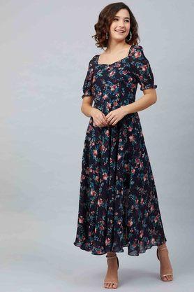 printed sweetheart neck polyester womens fit and flare dress - blue