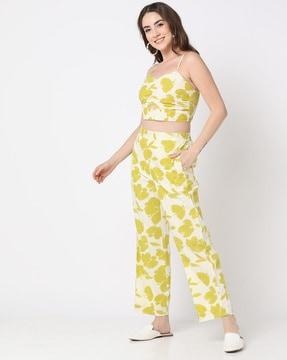 printed swiss-dot dobby crop top with pants set