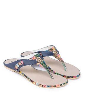 printed t-strap slip-on flat sandals