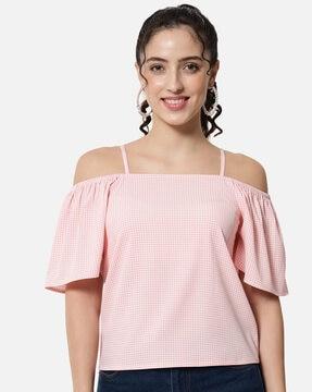 printed tailored fit cold-shoulder top