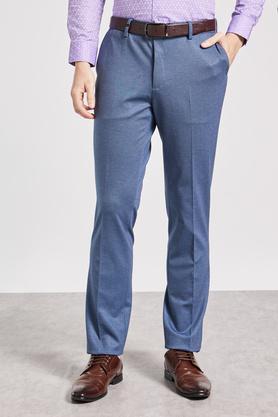 printed terrylene rayon slim fit men's trousers - blue