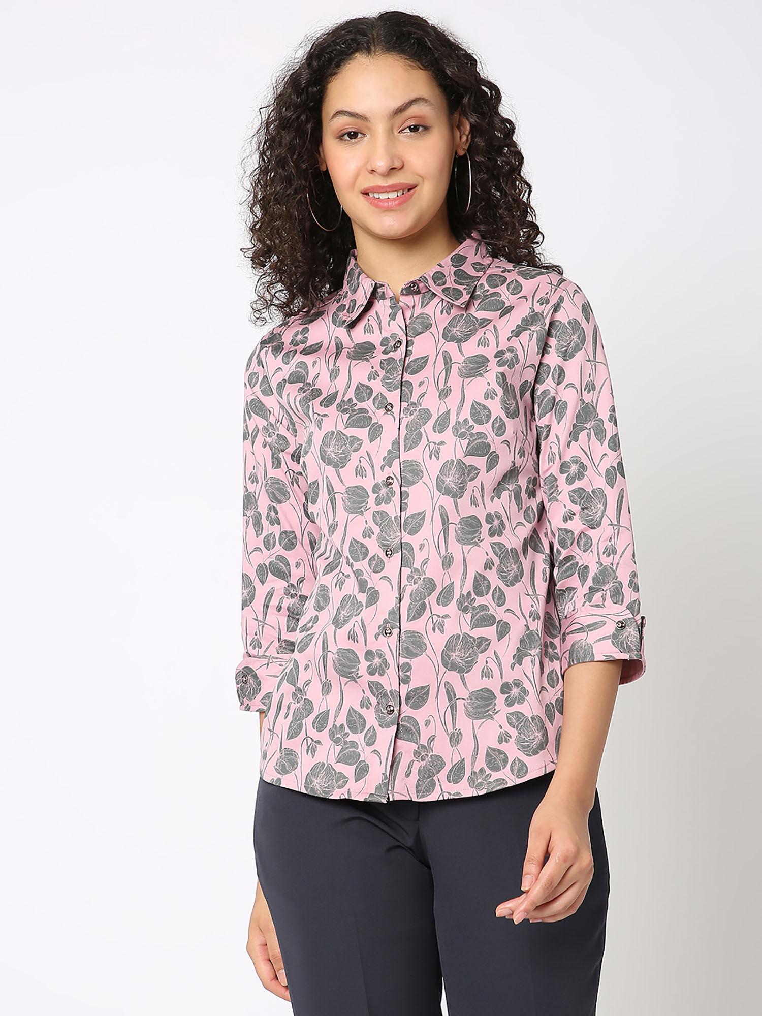 printed three fourth sleeve formal pink shirt