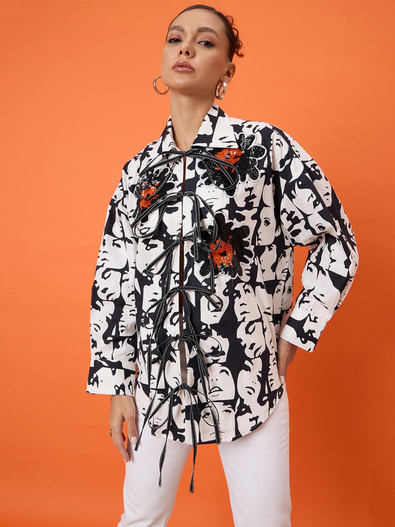 printed tie-up full sleeve sequinned cotton shirt