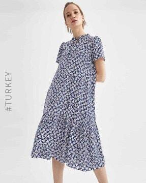 printed tiered dress with frill neckline