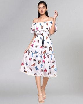 printed tiered dress with off-shoulder sleeves