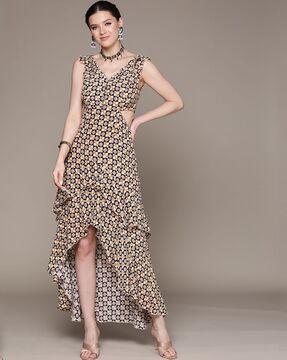 printed tiered dress with ruffled shoulders