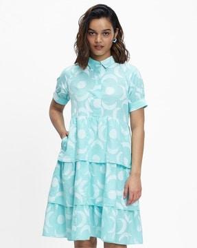 printed tiered dress with spread collar